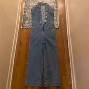 Free people denim white button front wide leg jumpsuit short sleeves sz 6 EUC